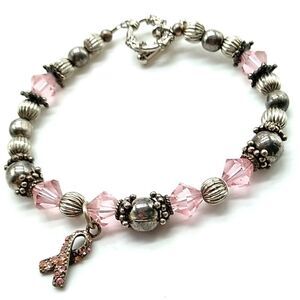 Pink & Silver-tone Breast Cancer Awareness Beaded Bracelet w Sterling Pink Charm